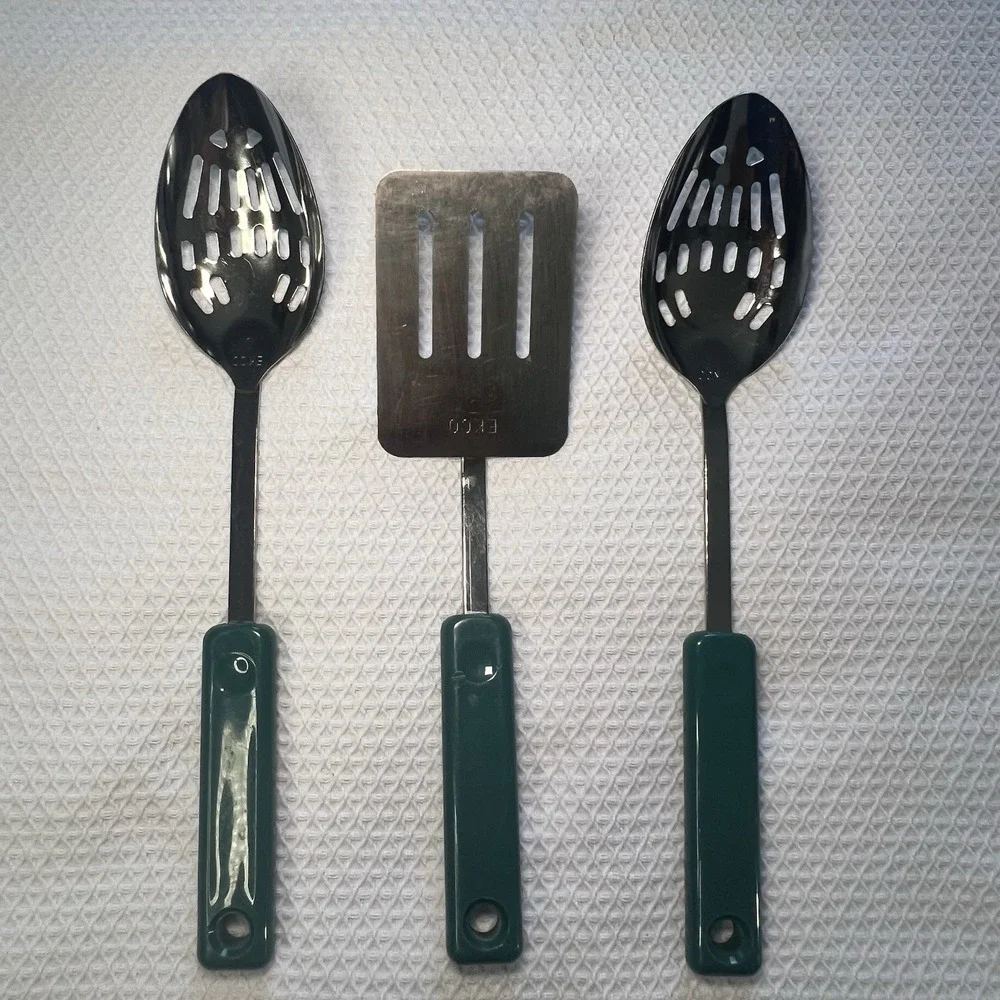 Vintage Ekco 3 Piece Utensil Stainless Steel Green Handles Slotted Spoon Spatula